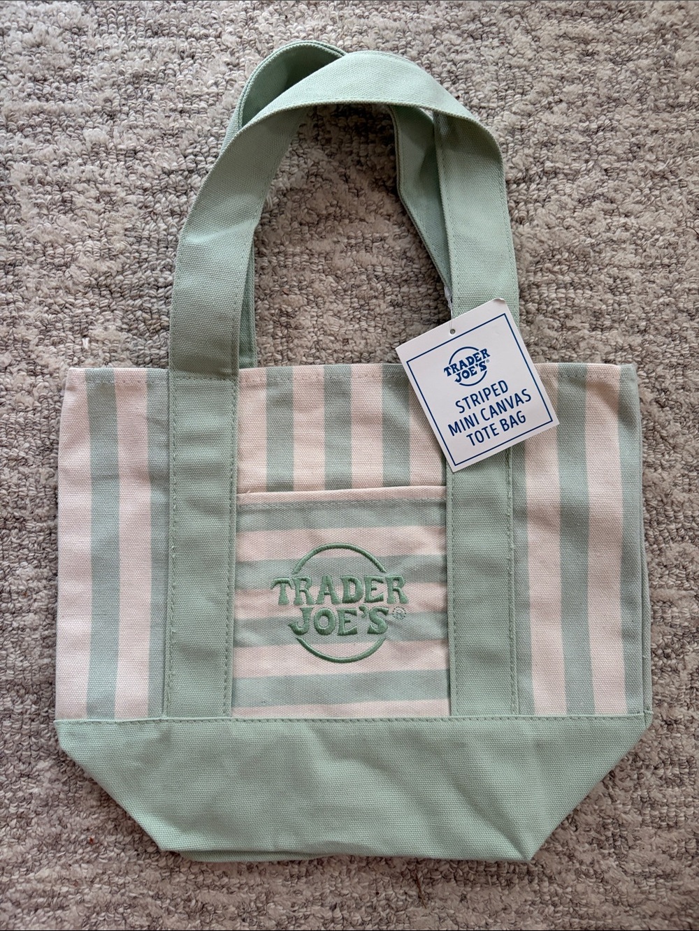 Trader Joe's Mint Green Striped Mini Canvas Tote Bag